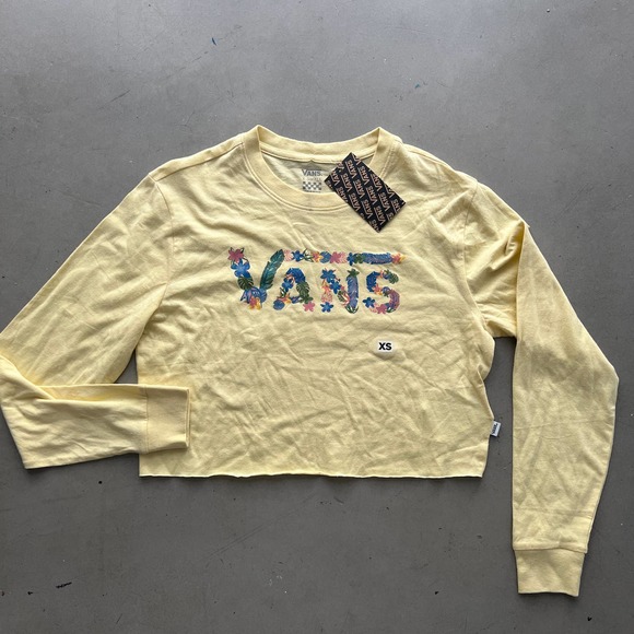 Vans Tops - Vans Zen Patio long sleeve Cropped Shirt t-shirt-Women XS-Yellow, Flower-Raw hem